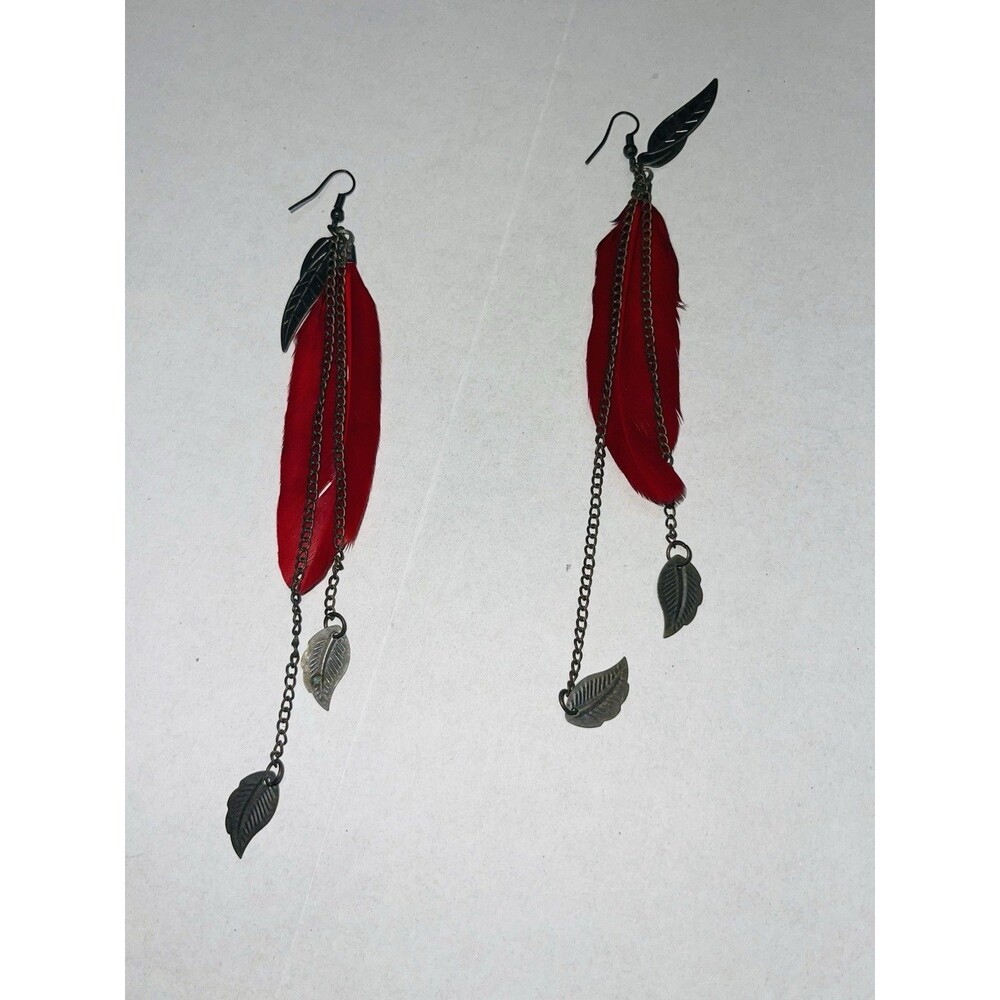 Boho Red Feather Dangle Earrings Antique Bronze Leaf Chains Long Statement - Picture 3 of 4